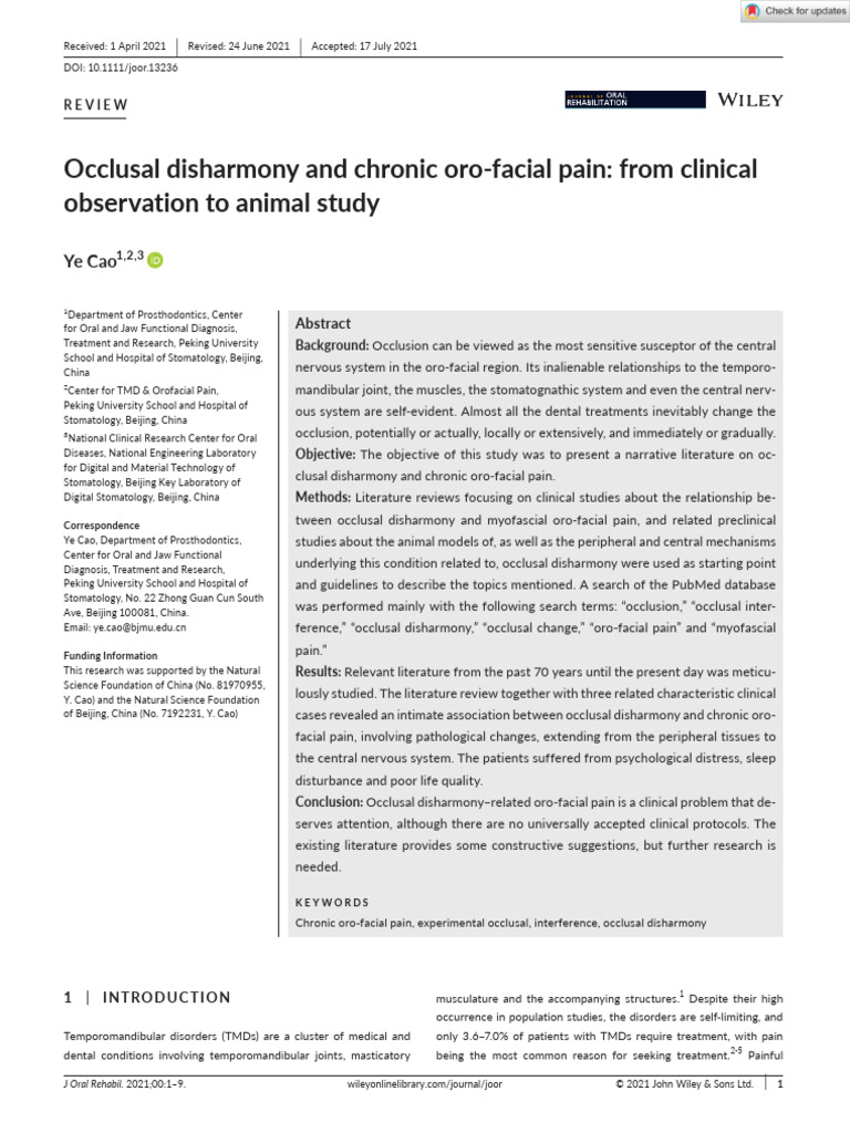 Occlusal disharmony and chronic orofacial pain PDF Pain Astrocyte