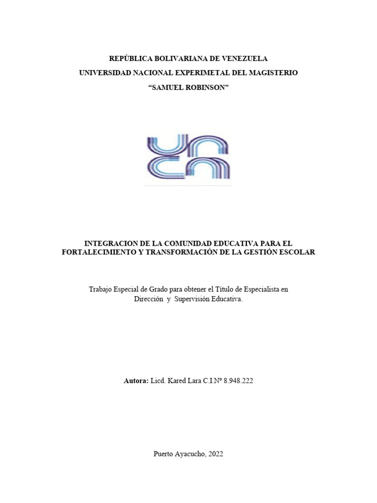 Integracion de La Comunidad Educativa para El Fortalecimiento y ...