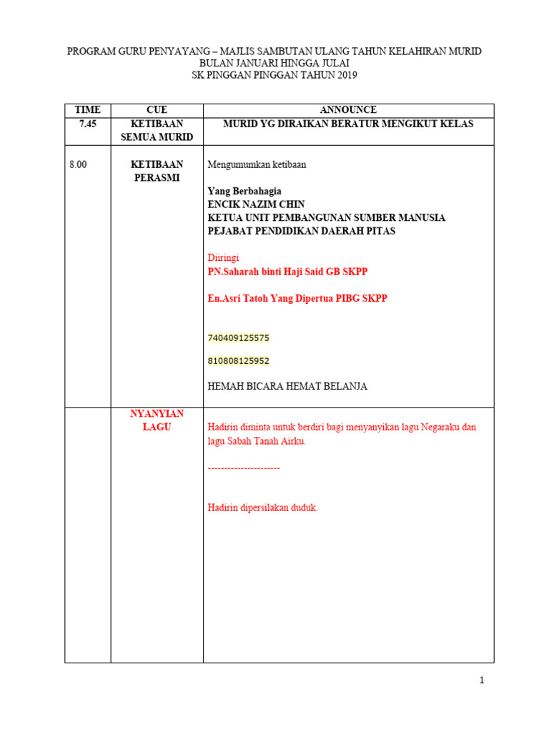 Sambutan Ulang Tahun Murid SKPP 2019 | PDF
