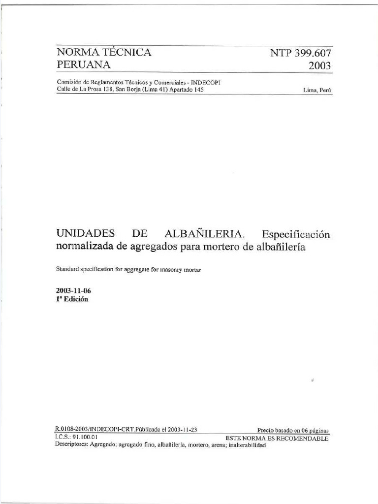 PDF NTP 399 607 2003 Albaileria Agregados para Mortero Compress | PDF