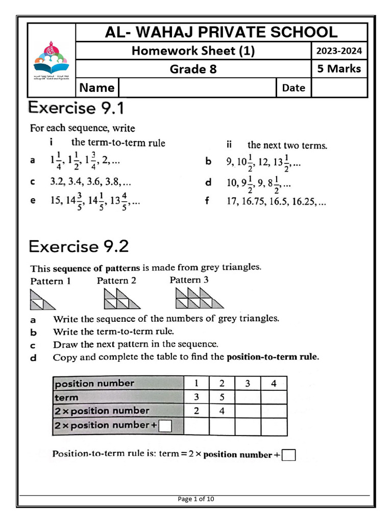 Math Homework Sheet-1_Grade-8 | PDF