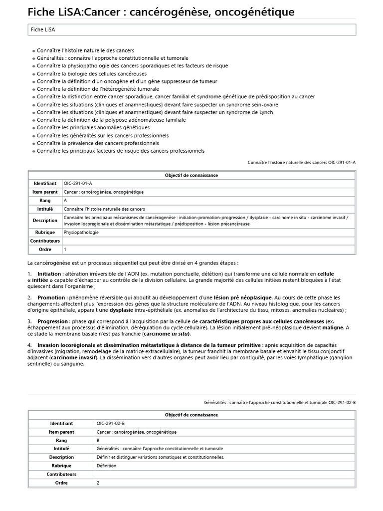 Fiche LiSA - Cancer - Cancérogénèse, Oncogénétique - LiSA | PDF