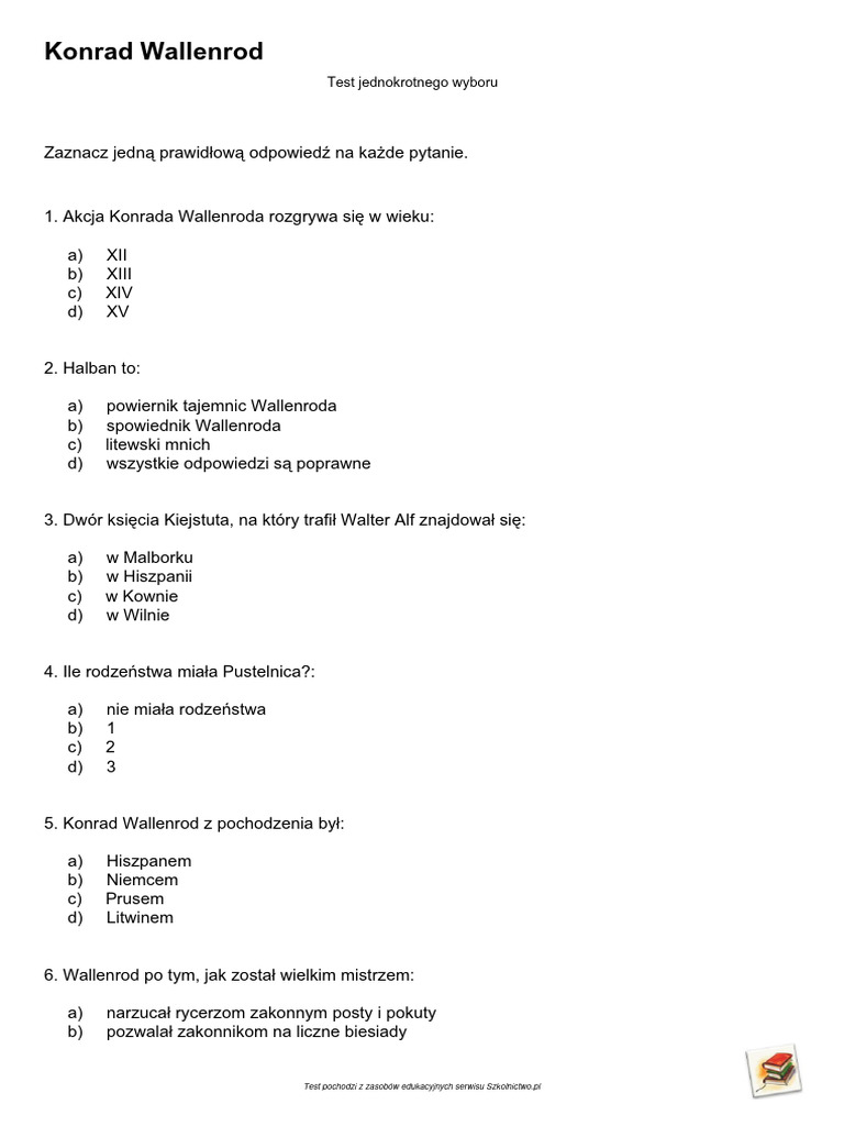 Konrad Wallenrod Test Z Odpowiedziami Konrad Wallenrod: Test Jednokrotnego Wyboru | PDF