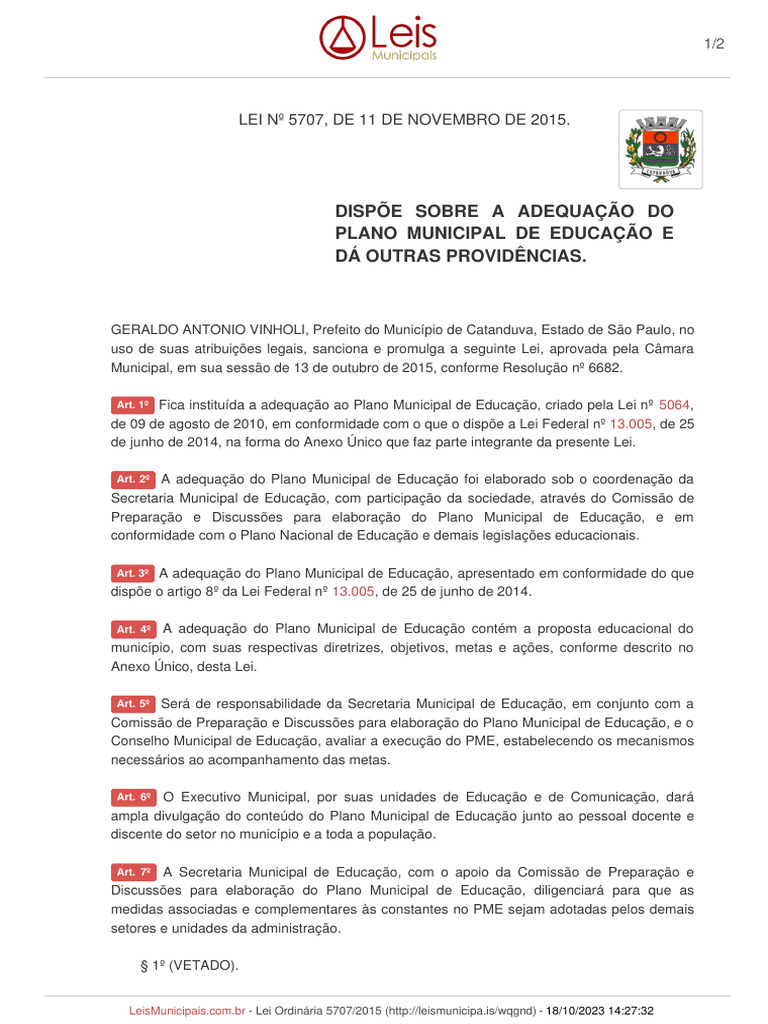 Lei Municipal 5707 - Adequação Plano Educacional | PDF | Governo | Justiça