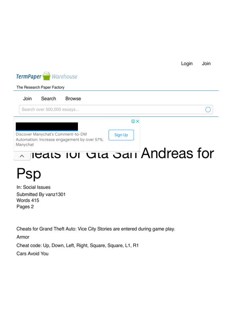 Cheats For Gta San Andreas For PSP - Term Paper | PDF