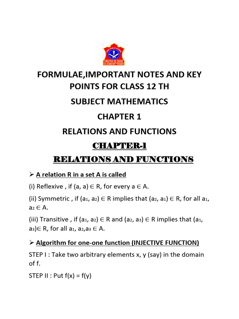 Key Formulas for Class 12 Mathematics | PDF | Equations | Function ...