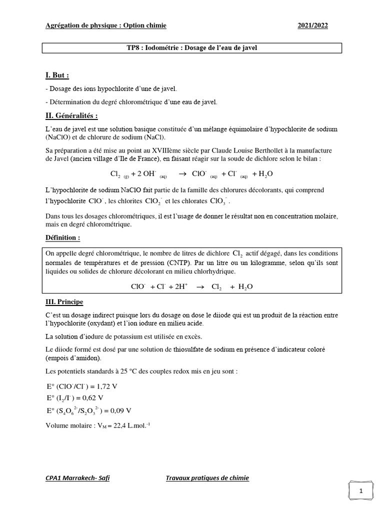 Dosage de l'eau de javel par iodométrie PDF Blanchiment (chimie — free download