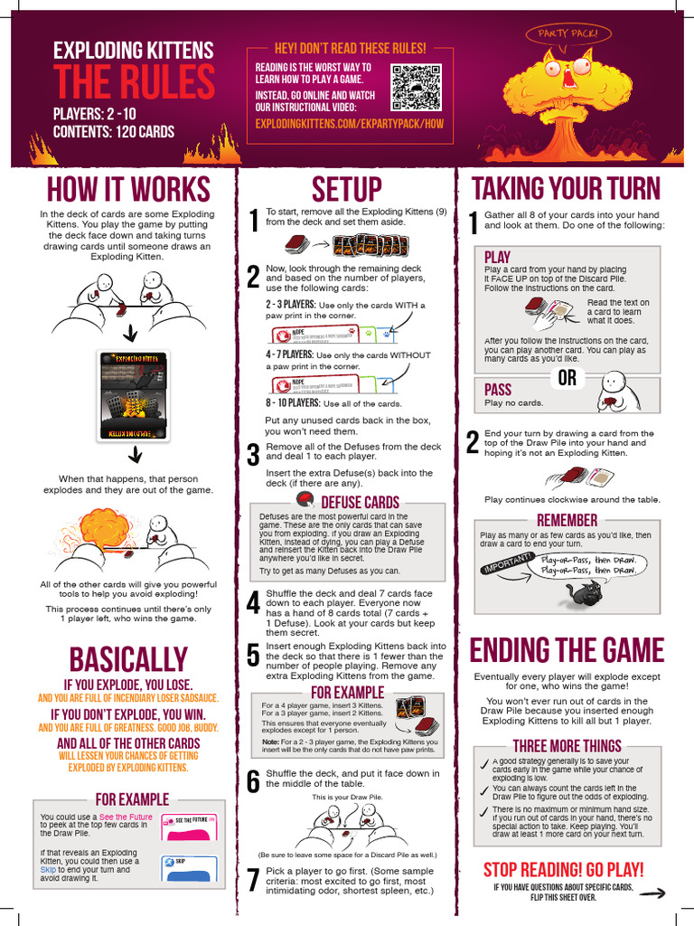 Exploding Kittens Game Rules Guide | PDF | Playing Cards | Games Of ...