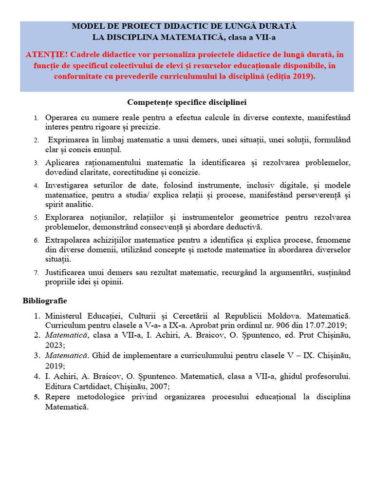 Proiect Didactic Clasa 7 Matematica | PDF