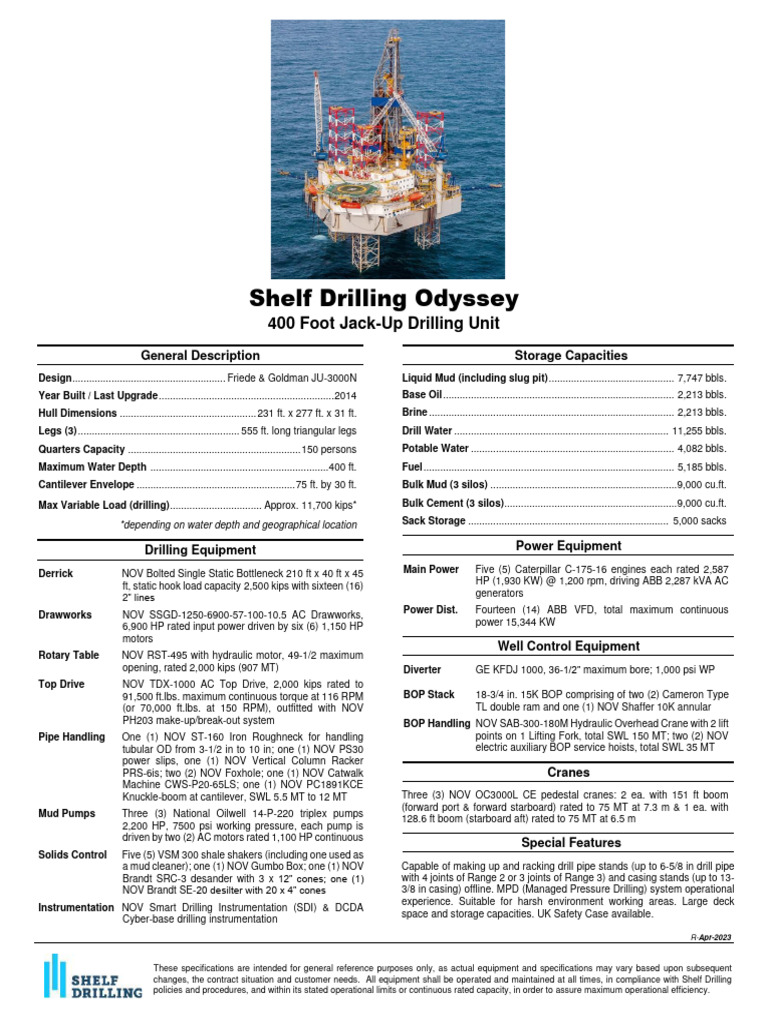 Shelf Drilling Odyssey Spec Sheet Apr 2023 PDF Crane (Machine