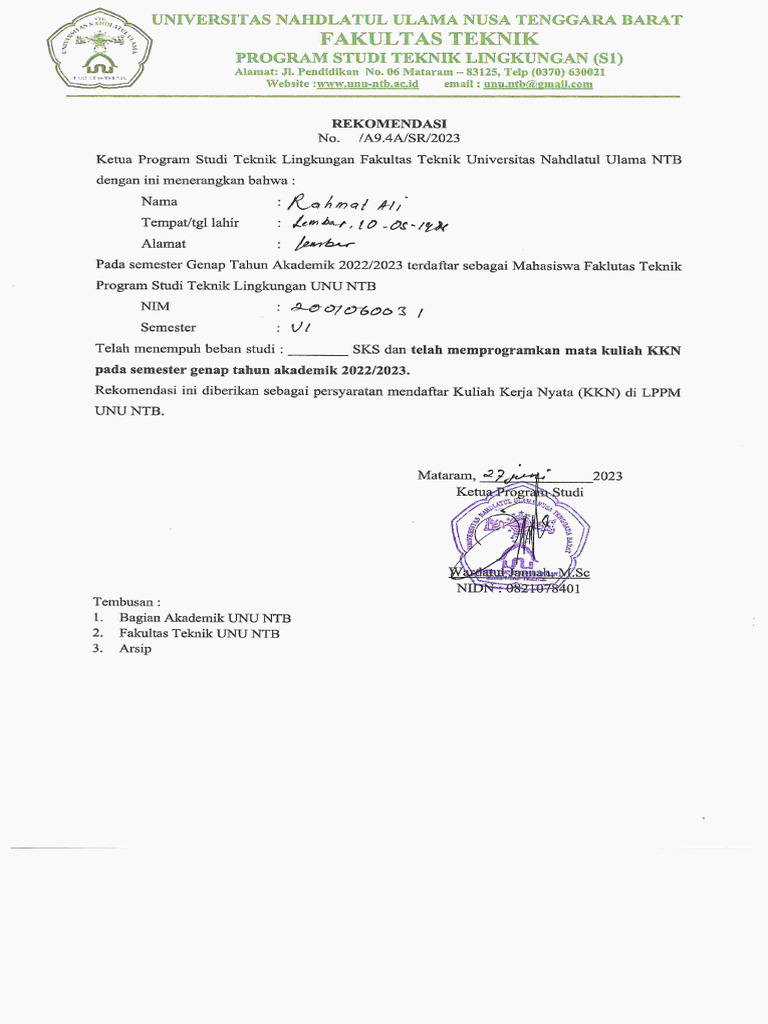 Ali - Surat Rekomendasi Akademik | PDF