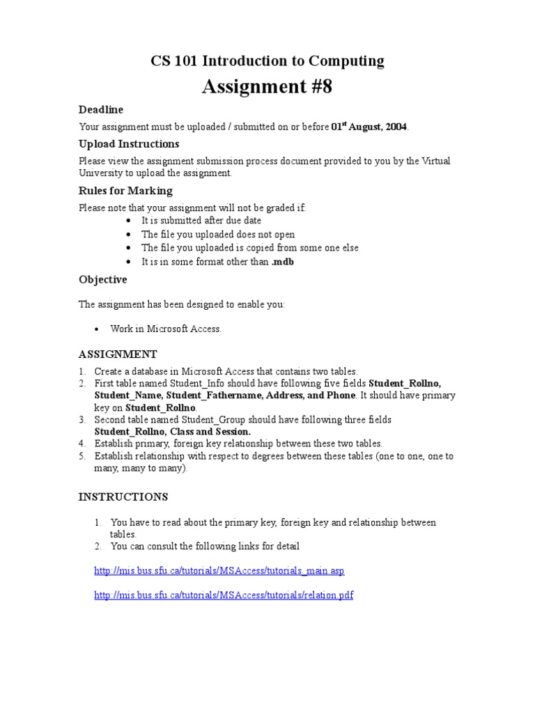 CS 101 Assignment: Microsoft Access Database | PDF | Career & Growth ...