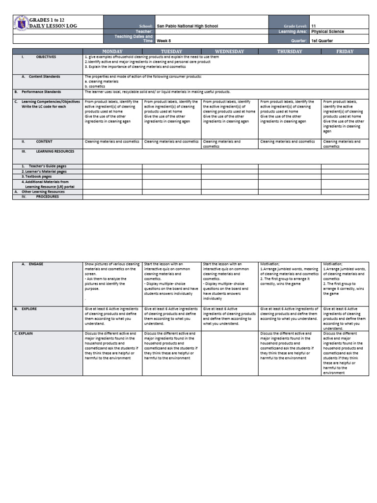 Daily Lesson Log Week 8 Download Free Pdf Detergent Soap