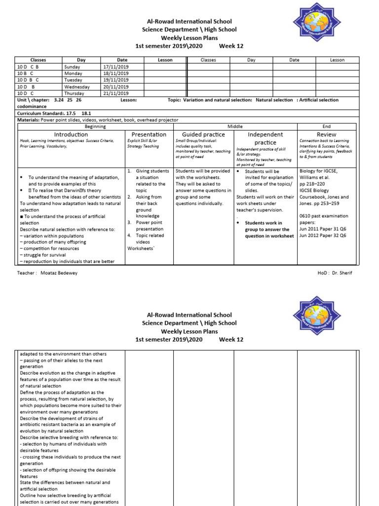 Weekly Science Lesson Plans: Natural Selection | PDF | Natural ...