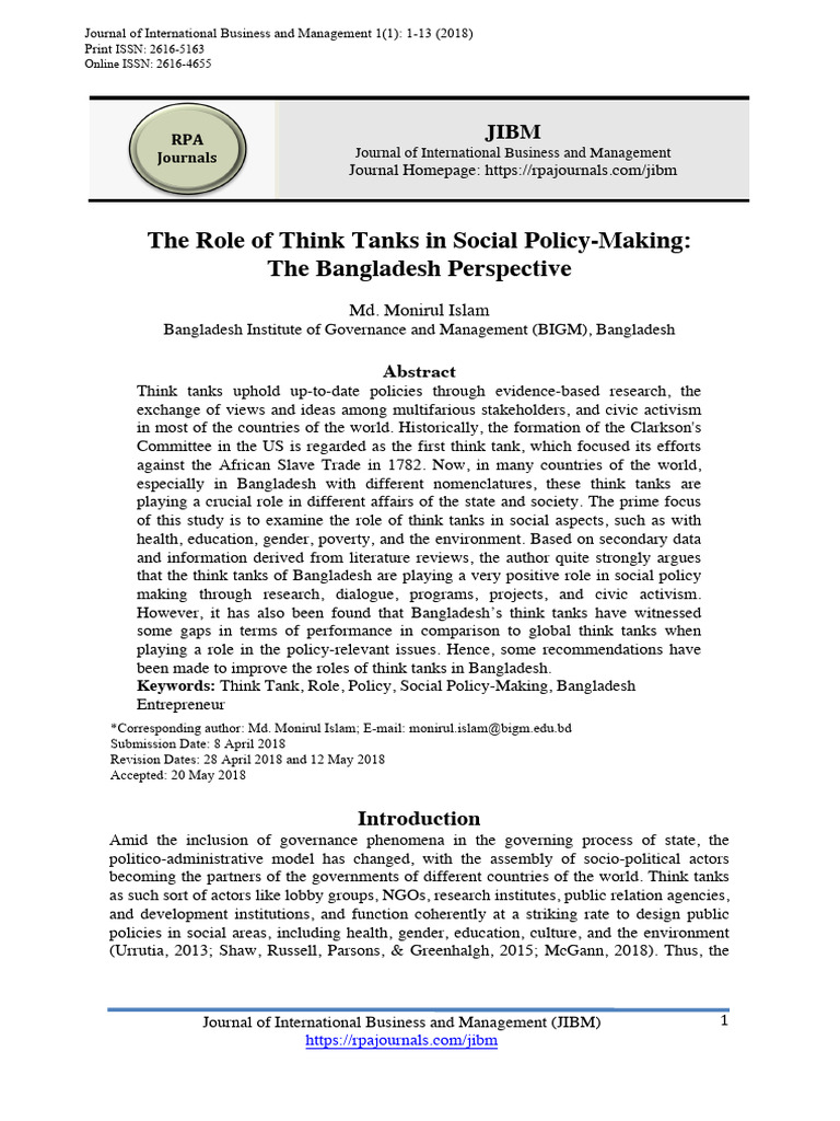 The Role Of Think Tanks In Social Policy Making Pdf Think Tank