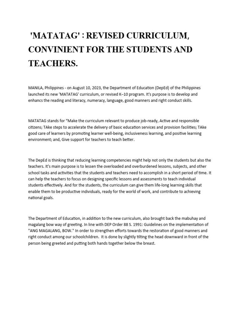 Matatag Curriculum | PDF | Business
