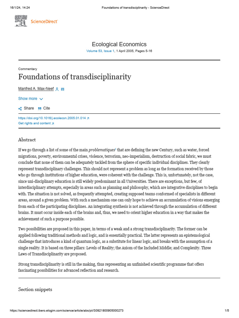 Max-Neef - 2005 - Foundations of Transdisciplinarity | PDF | Reality ...