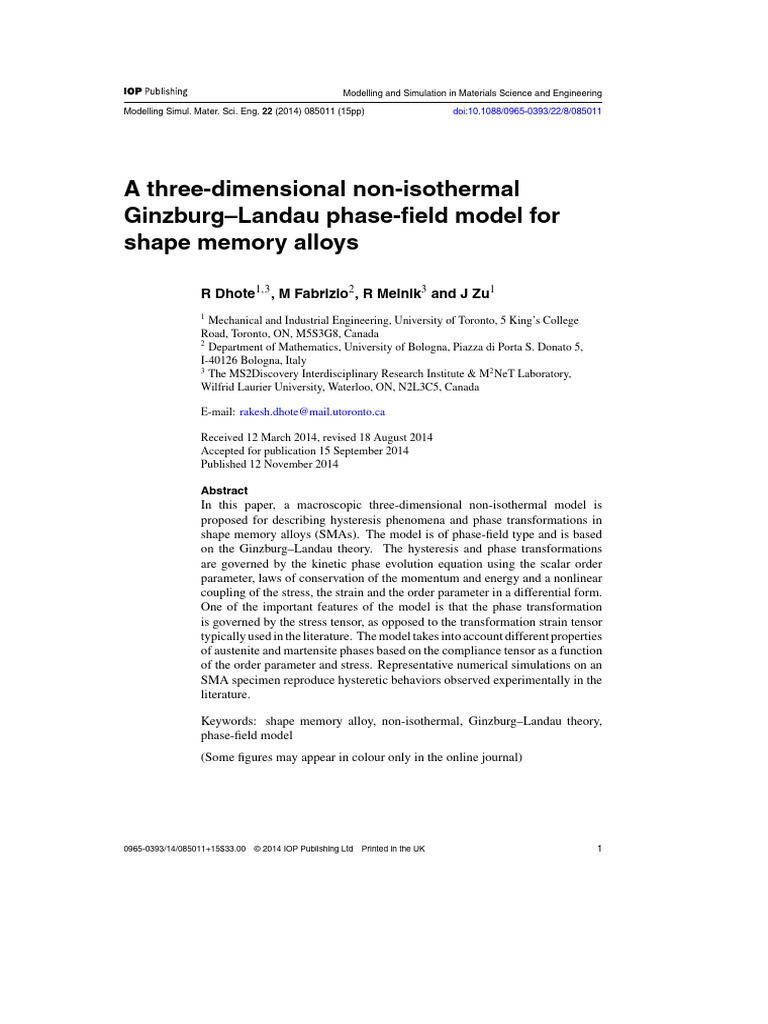 3D Non-Isothermal Model for SMAs | PDF | Shape Memory Alloy | Continuum ...