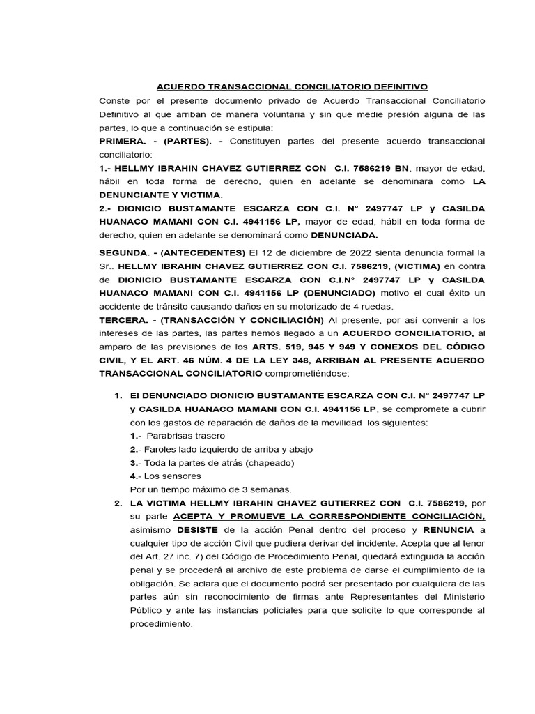 Acuerdo Transaccional Conciliatorio | PDF | Justicia | Crimen y violencia