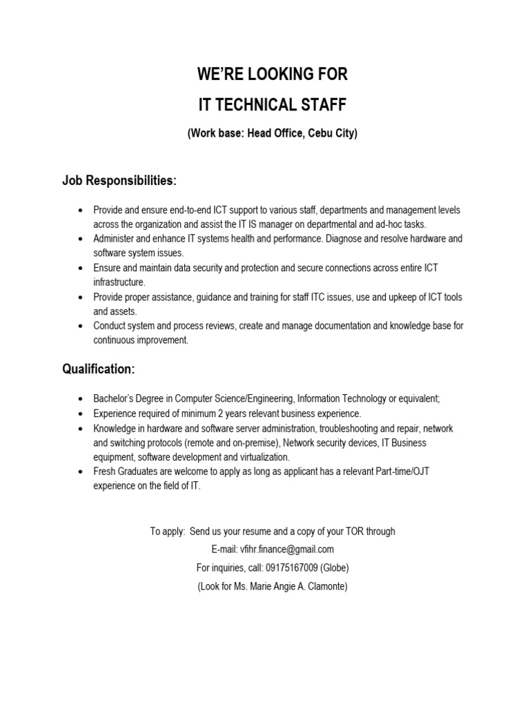 IT Technical Staff Job in Cebu | PDF | Computers