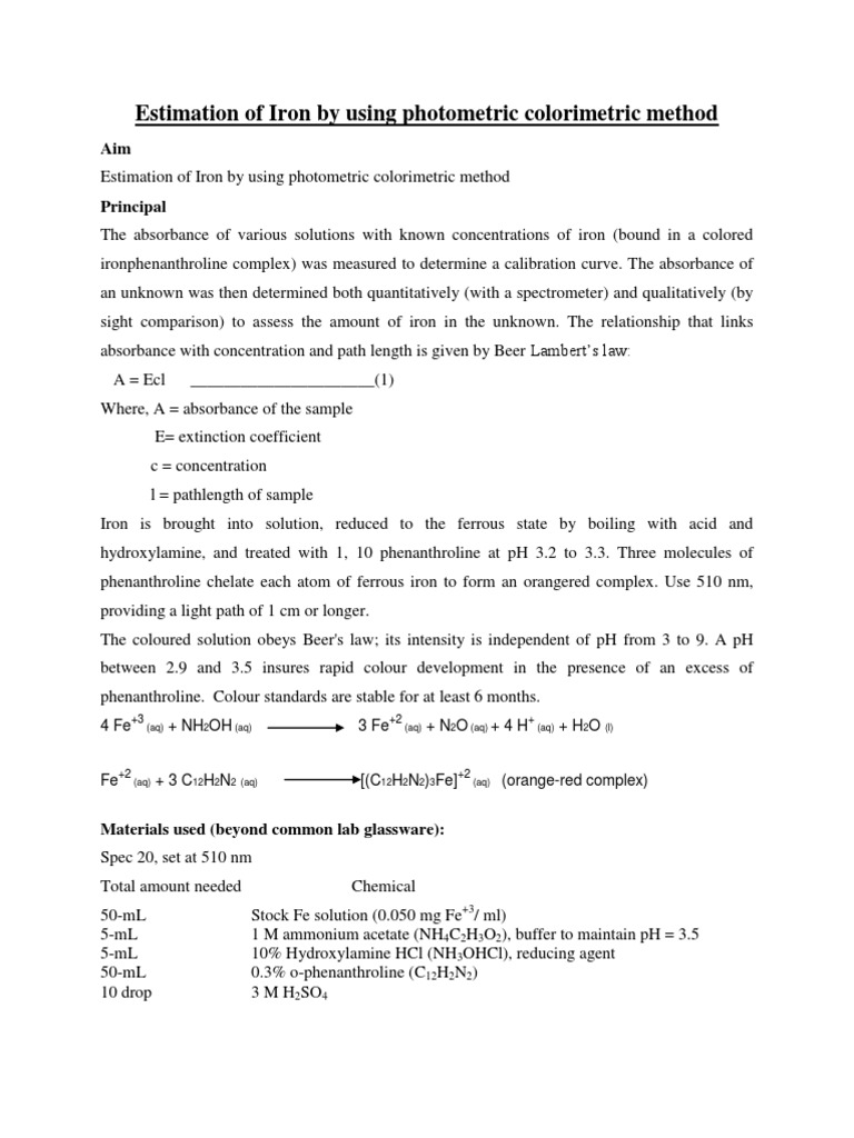 Estimation Of Iron By Using Photometric Colorimetric Method Pdf Absorbance Iron