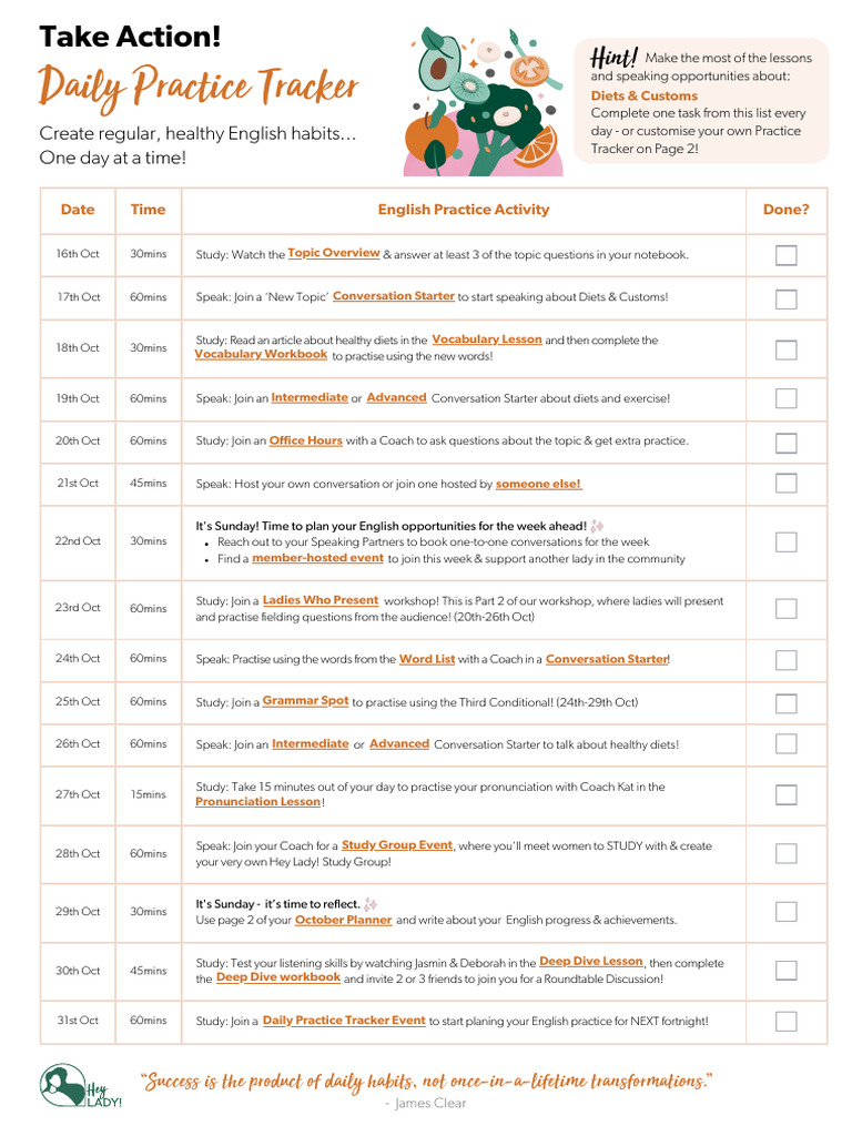 HL - Daily Practice Tracker - Diets & Customs | PDF | Linguistics ...
