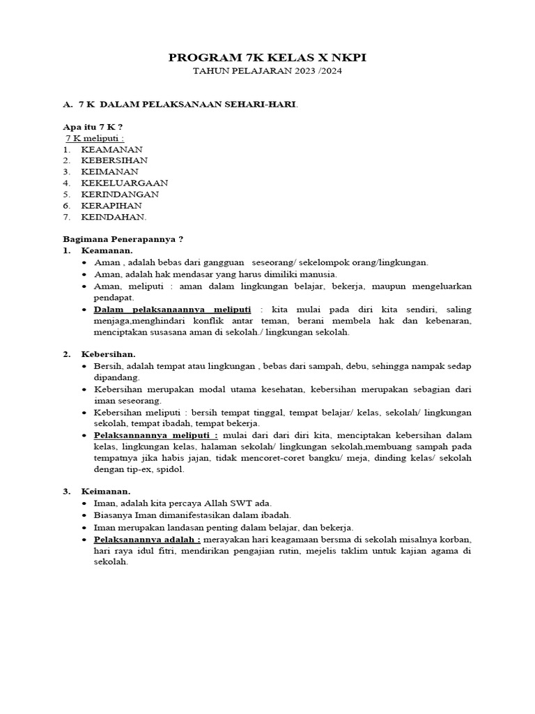 Program 7K Kelas X NKPI 2023/2024 | PDF