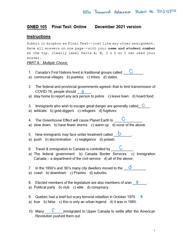 GNED 105 Final Test December 2021 | PDF | Canada | The United States