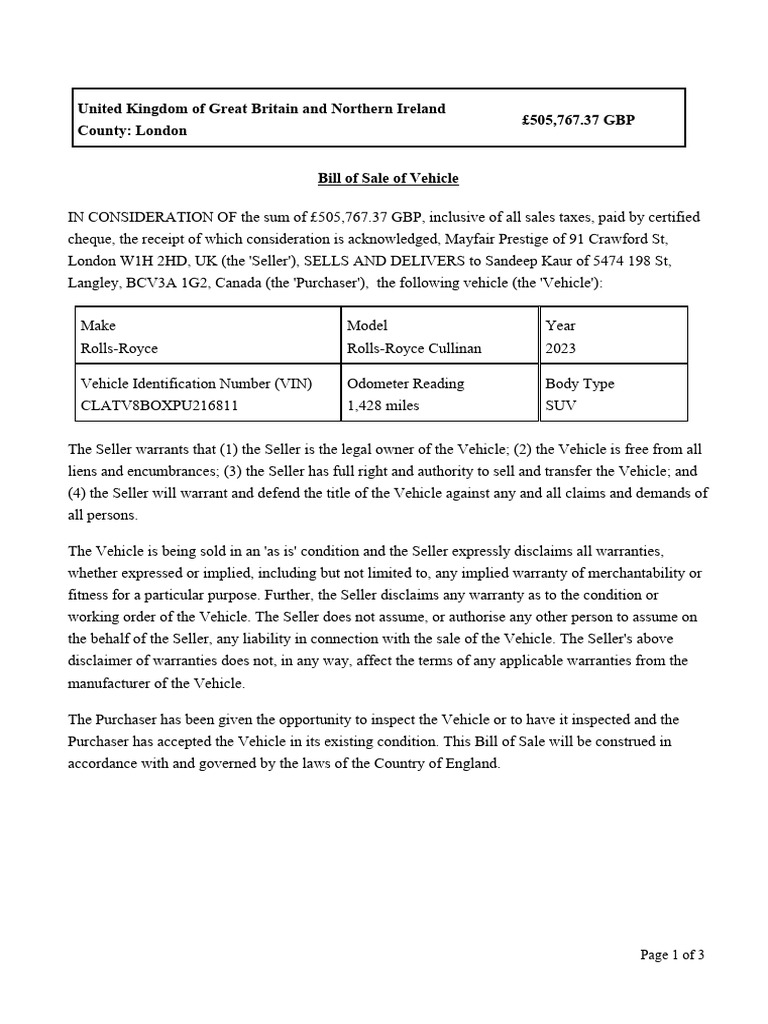 Bill of Sale PDF Implied Warranty Common Law