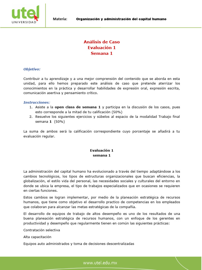 Organización y Administración Del Capital Humano - Ev 1 - P | PDF