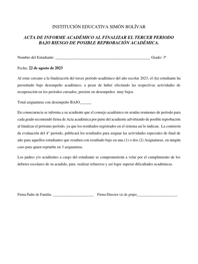 Acta de Reprobación Escolar 2023 | PDF