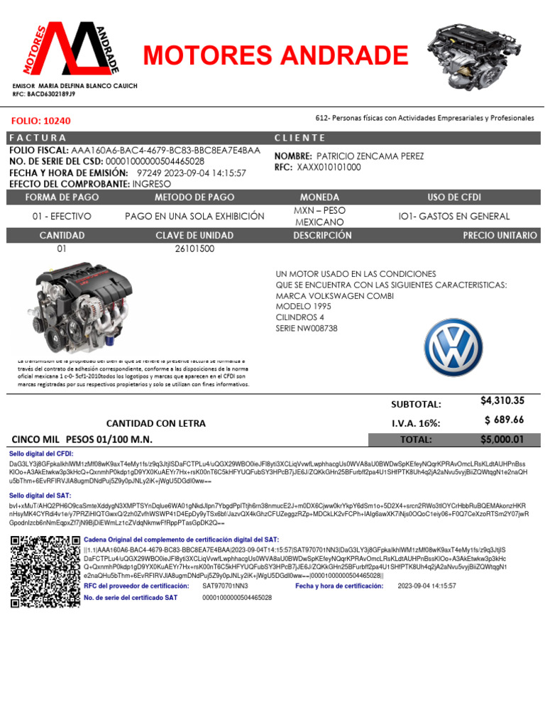 Motor VW 1600 Nuevo en Factura | PDF