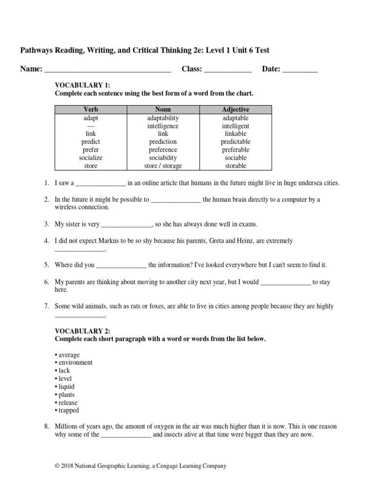 Pathways Rw1 2e U6 Test Download Free Pdf Science Fiction Television