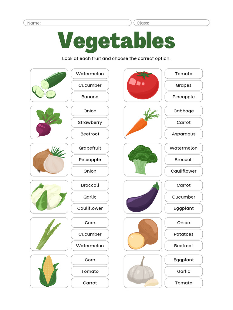 Colorful Illustrative Vegetables Vocabulary Worksheet | PDF