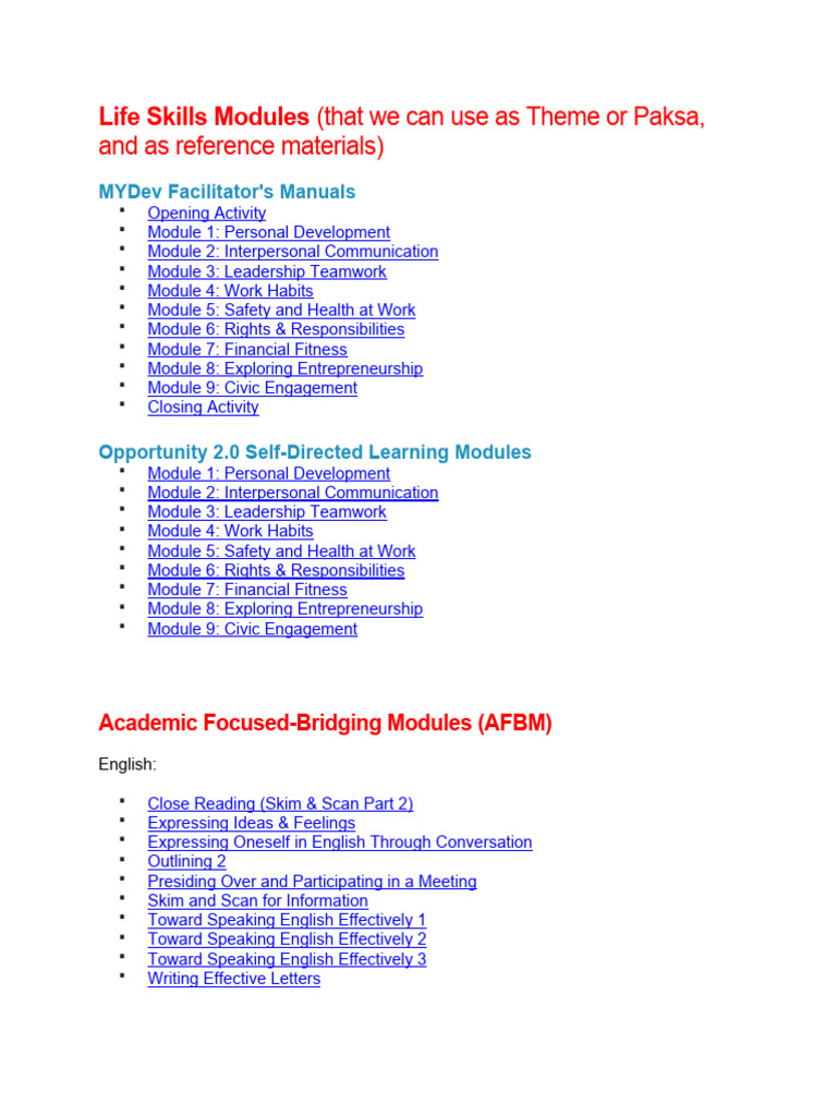 Life Skills Modules Overview | PDF | Chemistry | Molecules