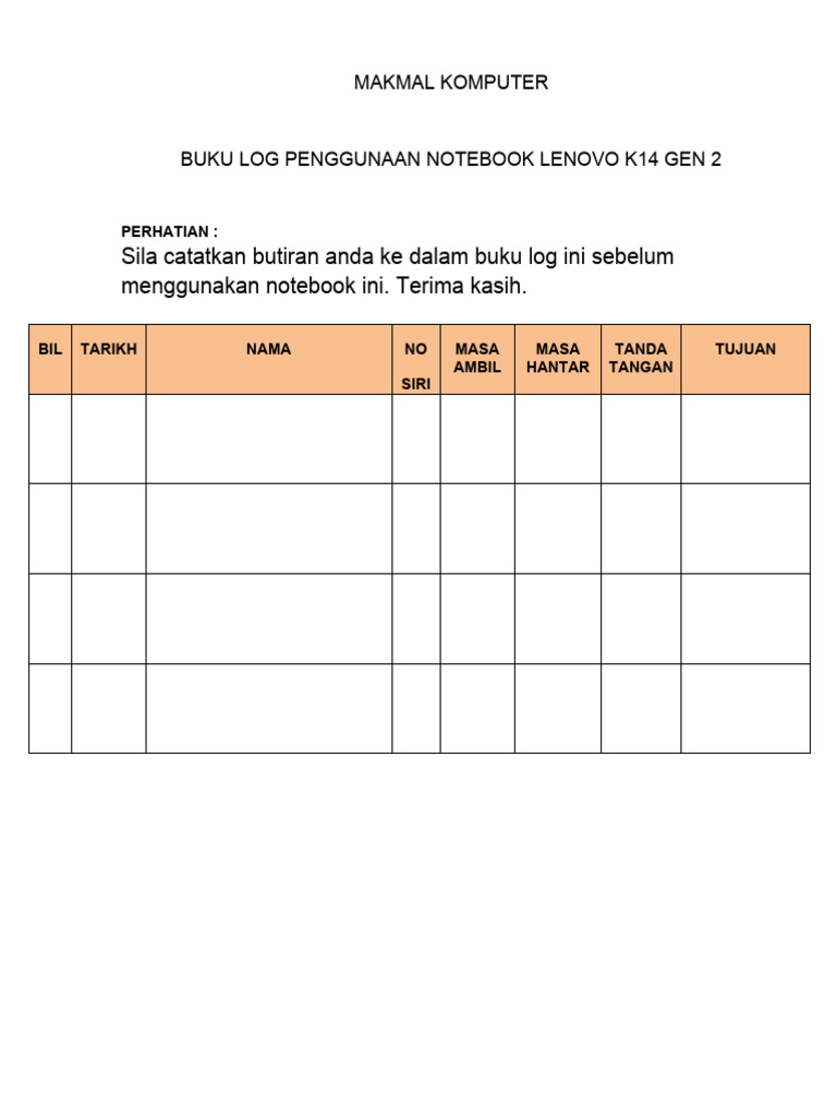 Buku-Log-Penggunaan-Notebook GURU LENOVO K14 GEN 2 | PDF | Komputer
