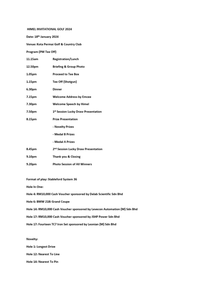 Himel Invitational Golf 2024 Program PDF