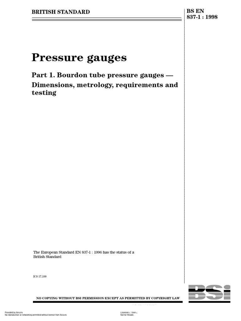 EN 8371 Part 1. Bourdon tube pressure gauges Dimensions, metrology