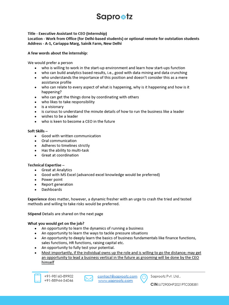 Internship: Executive Assistant to CEO | PDF | Analytics | Startup Company