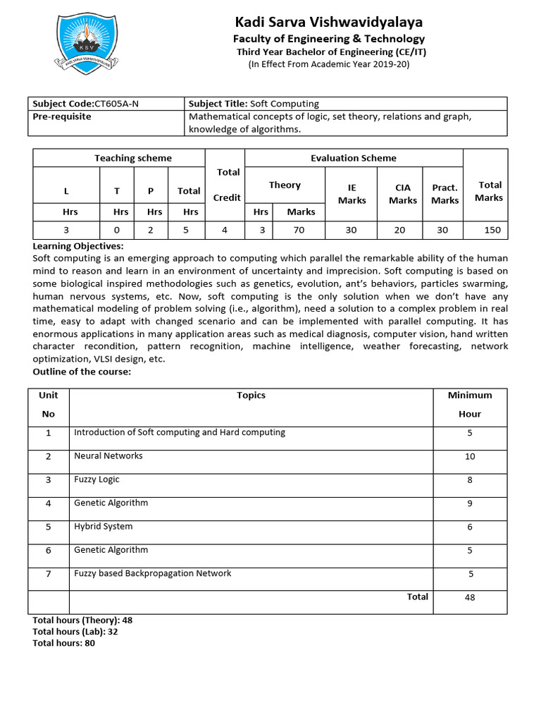 Soft Computing Course Syllabus | PDF | Fuzzy Logic | Genetic Algorithm