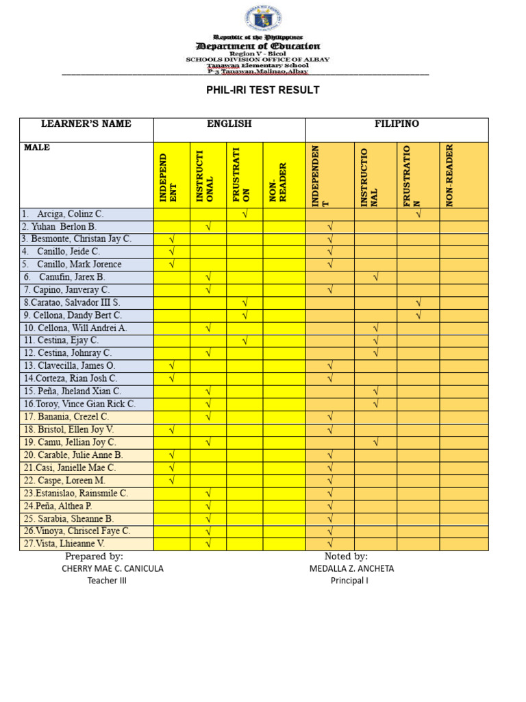 Grade 6 PHIL-IRI Test Results | PDF