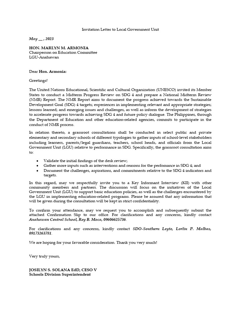 Invitation to LGU for SDG 4 Consultation | PDF | Social Science