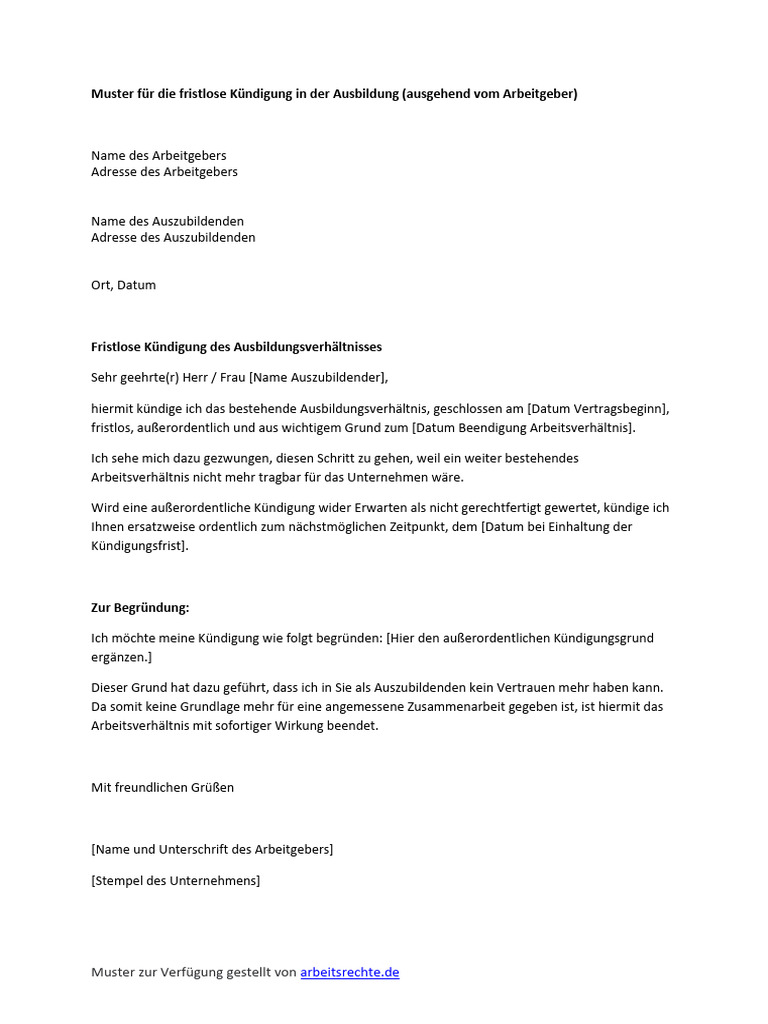 Muster Fristlose Kuendigung Ausbildung Arbeitgeber PDF