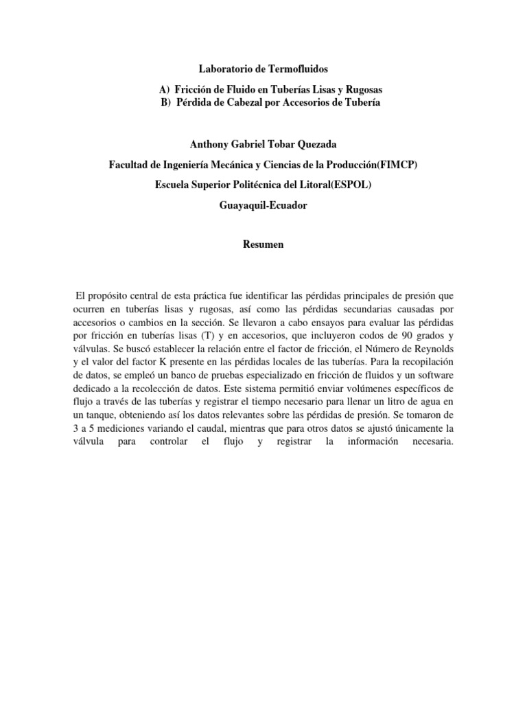 Pérdidas de presión en tuberías y accesorios | PDF | Numero Reynolds ...