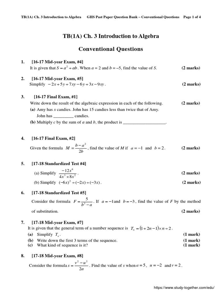 Good Hope School 16 21 1A Ch.3 Introduction To Algebra CQ PDF