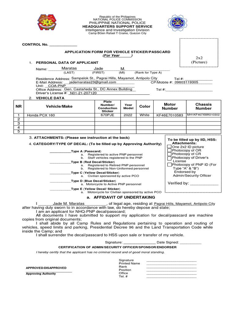 HSS PNP Vehicle Pass Application Form | PDF | Transport | Government