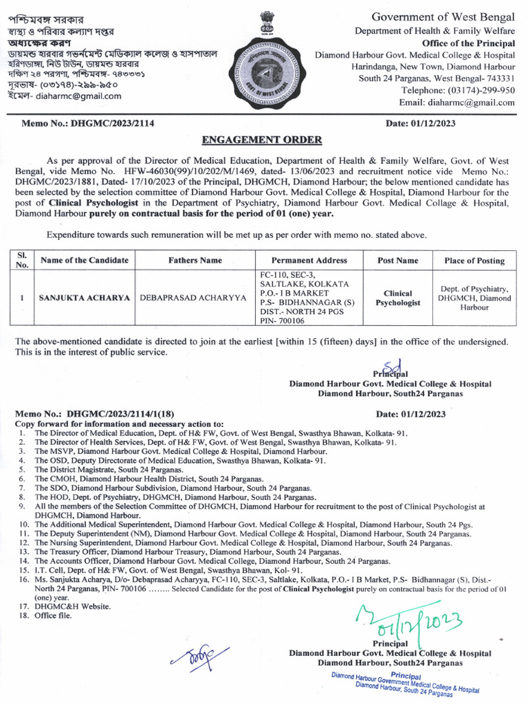 Engagement Order of Clinical Psychologist in The Dept. of Psychiatry ...
