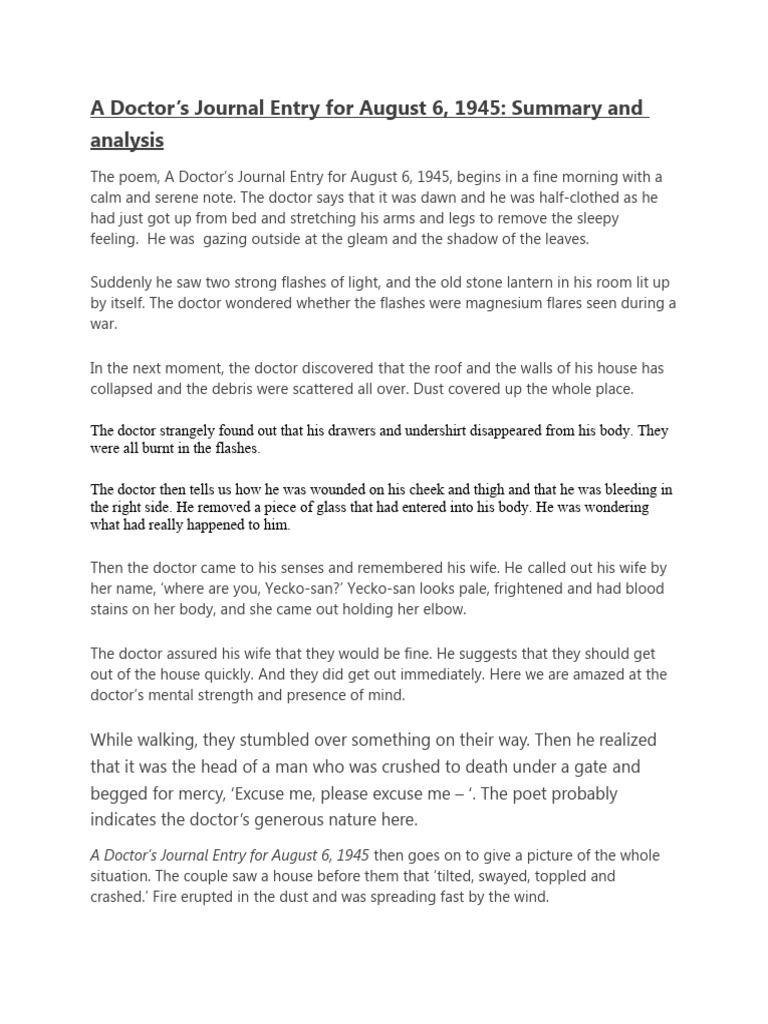 A Doctor&rsquo;s Journal Entry | PDF | Atomic Bombings Of Hiroshima And 