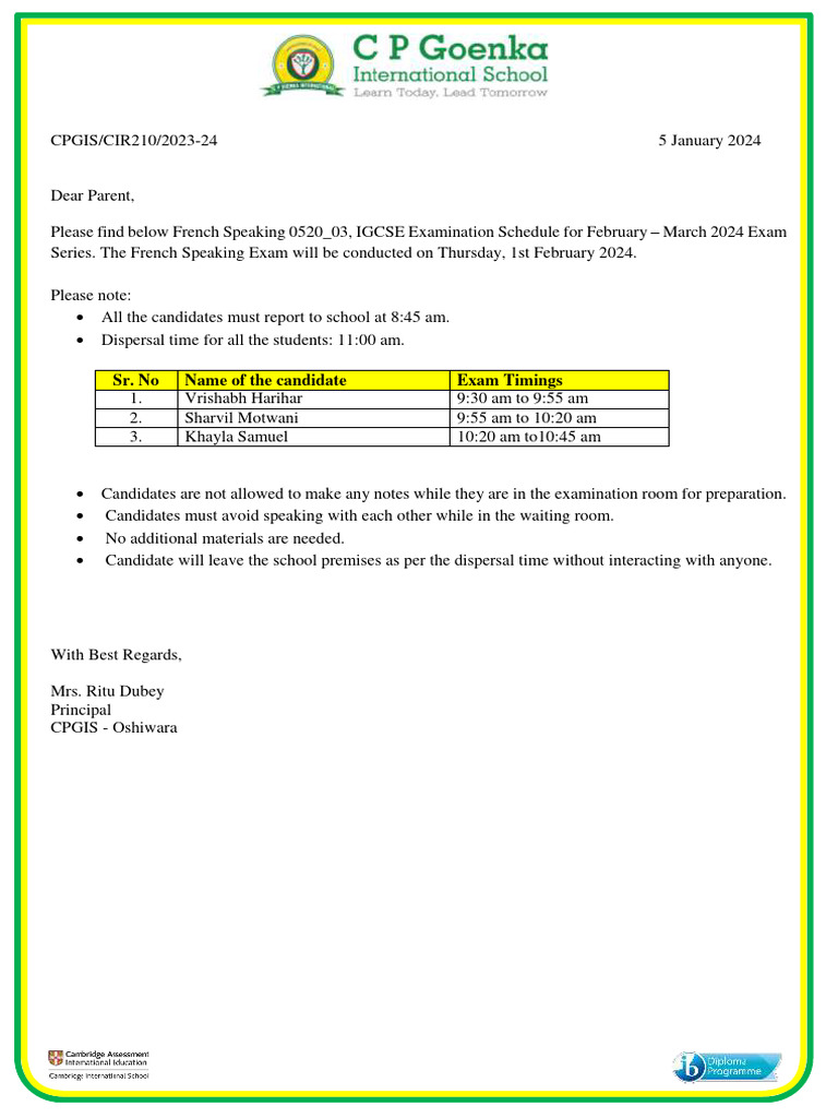 IGCSE French Speaking Exam Schedule 2024 | PDF