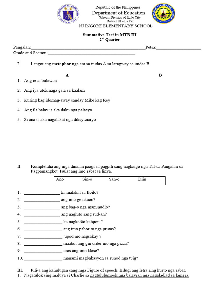 Summative Test in MTB Q2 | PDF